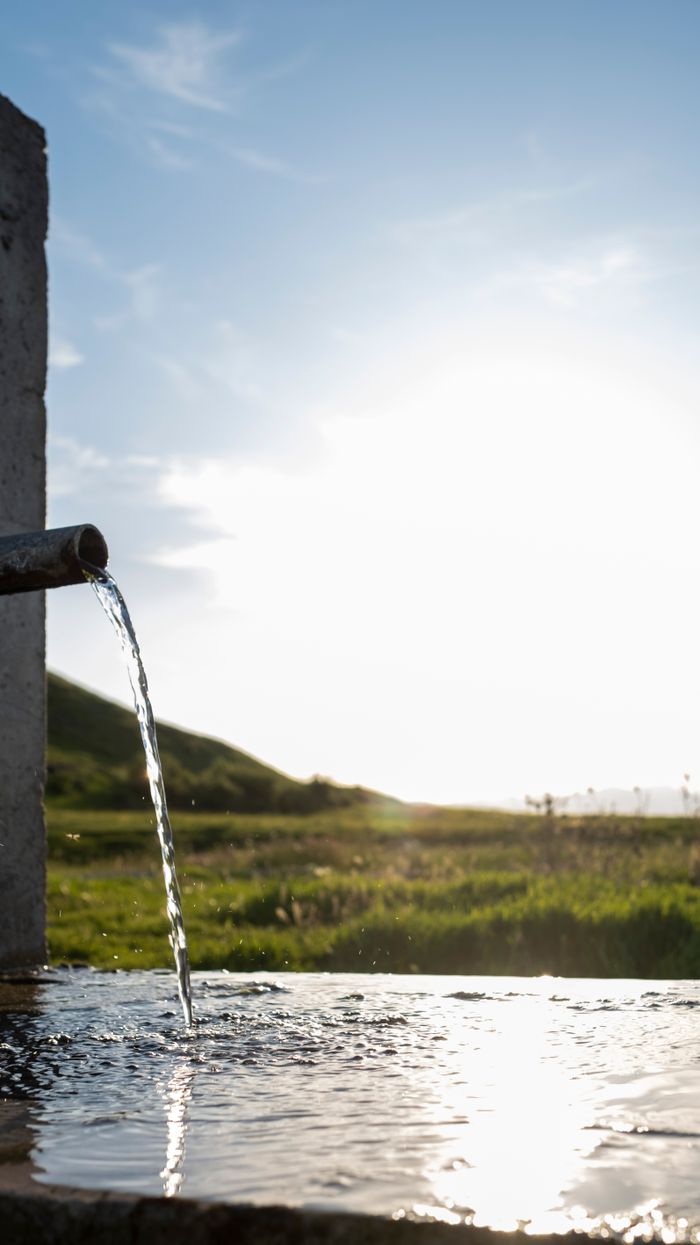 Sunlit rural landscape with water flowing from a pipe, creating a peaceful ambiance.